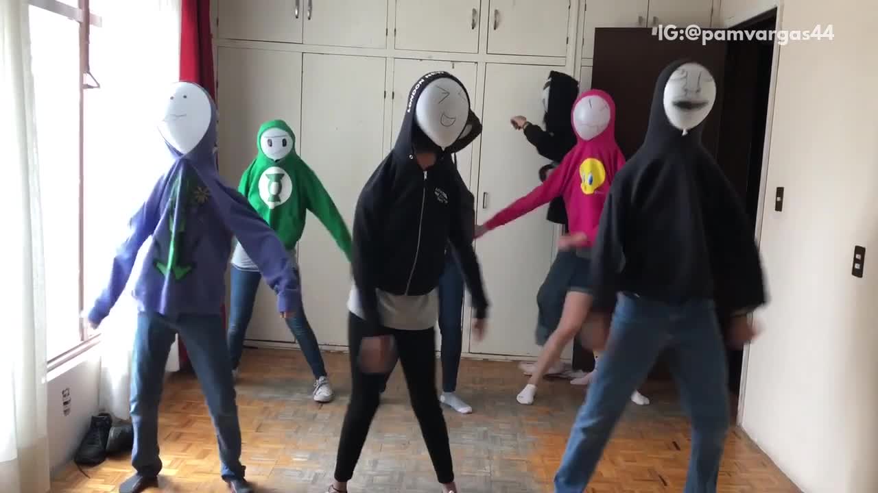 Group dancing in small room hoodies balloon faces long heads