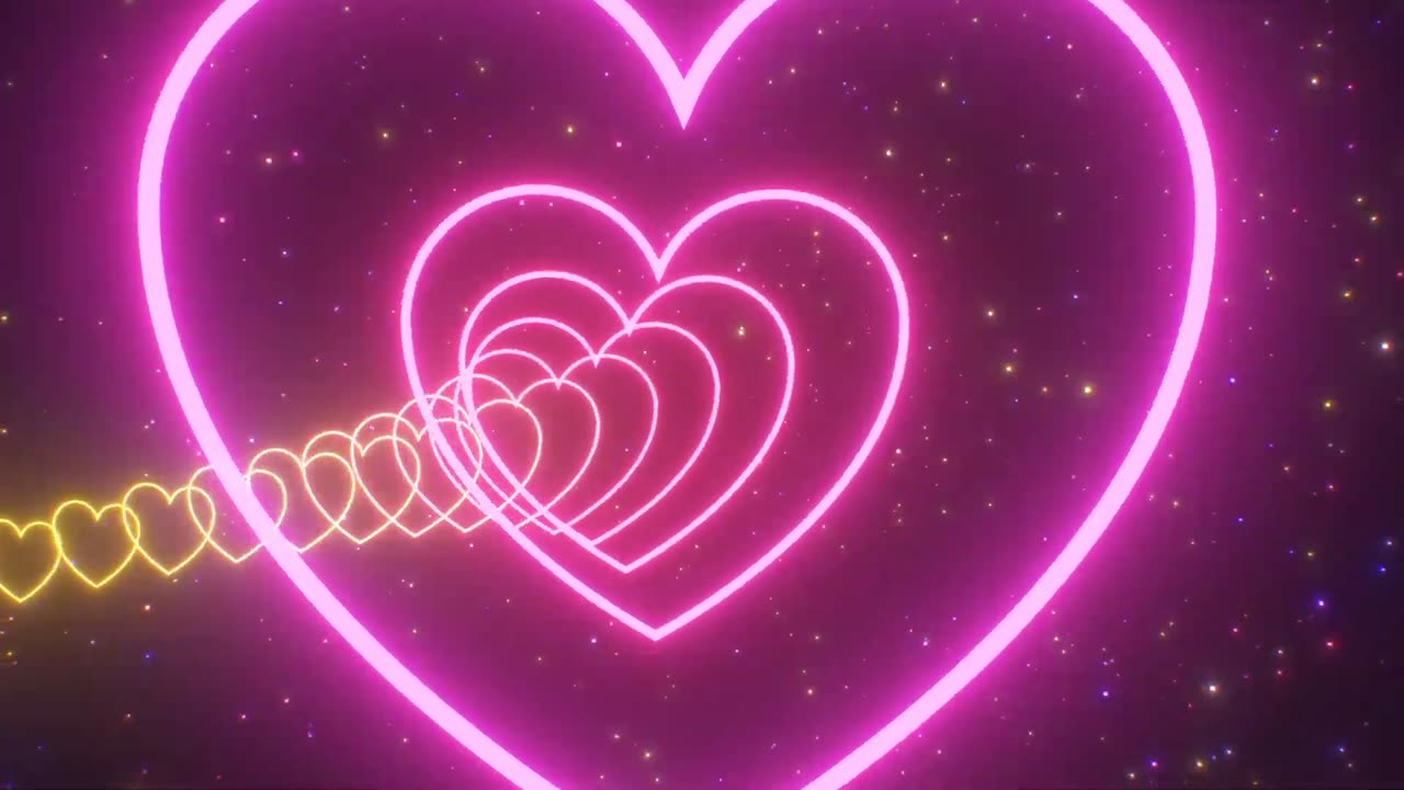 1141. Wavy Neon Glow Heart Shaped Tunnel Floating In Space Sparkling Stars