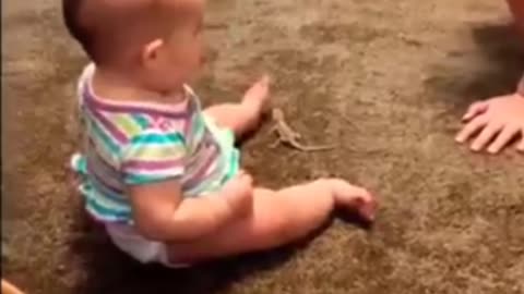 Baby gets scared and cries when he mixes a little animal with a toy.