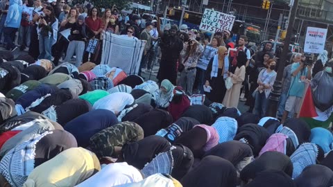 Muslims pray at the "FLOOD New York City FOR PALESTINE."