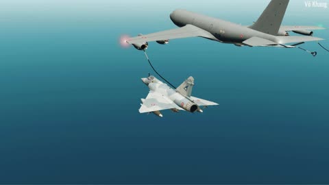 Mirage 2000-5 fighter jet refueling in the air from a KC-135 Stratotanker