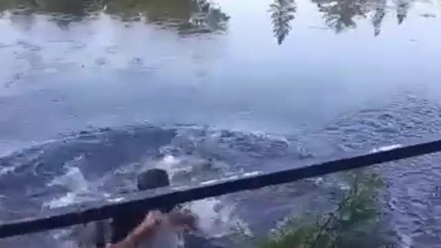 Guy black shirt dives into lake and drinks beer