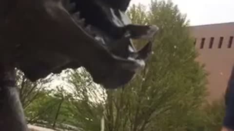 Teen uses a lion statue to open a bottle of beer