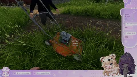 Muyu and Lumi struggle to start a lawnmower