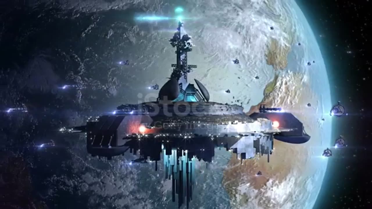 Spaceships flying by a very big space station. Sci-fi cinematic shot.
