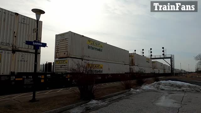 CN 5749 & CN 2617 Engines Intermodal Train Westbound In Ontario