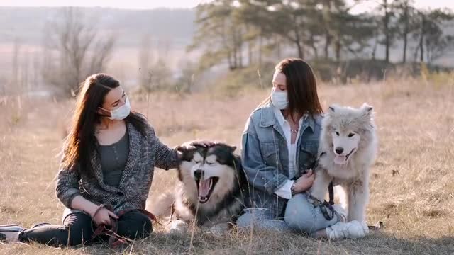 Women With Face Masks Petting Dogs