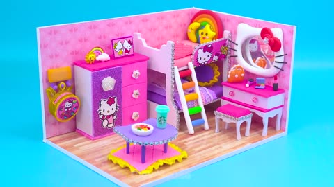 DIY Miniature House ❤️ Building Hello Kitty Pink Bedroom with Bunk Bed, Makeup Set from Polymer Clay