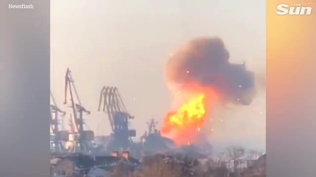 Russian ship packed with ammo is BLOWN UP’ in Ukrainian port as Putin’s navy flee