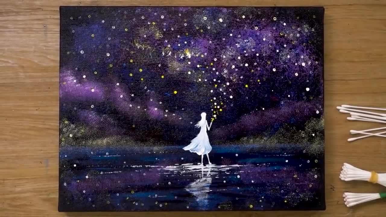 How to paint a moonlight girl with 1 million stars _ Acrylic painting technique #467