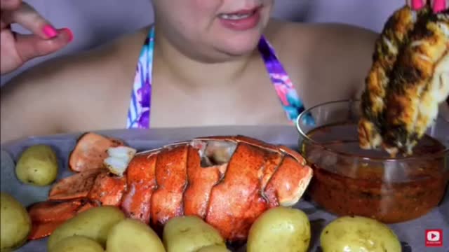 Asmr eating giant lobster tail seafood