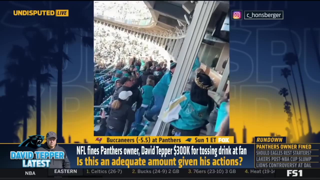 UNDISPUTED Skip Bayless reacts NFL fines Panthers owner, Tepper $300k for tossing drink at fan