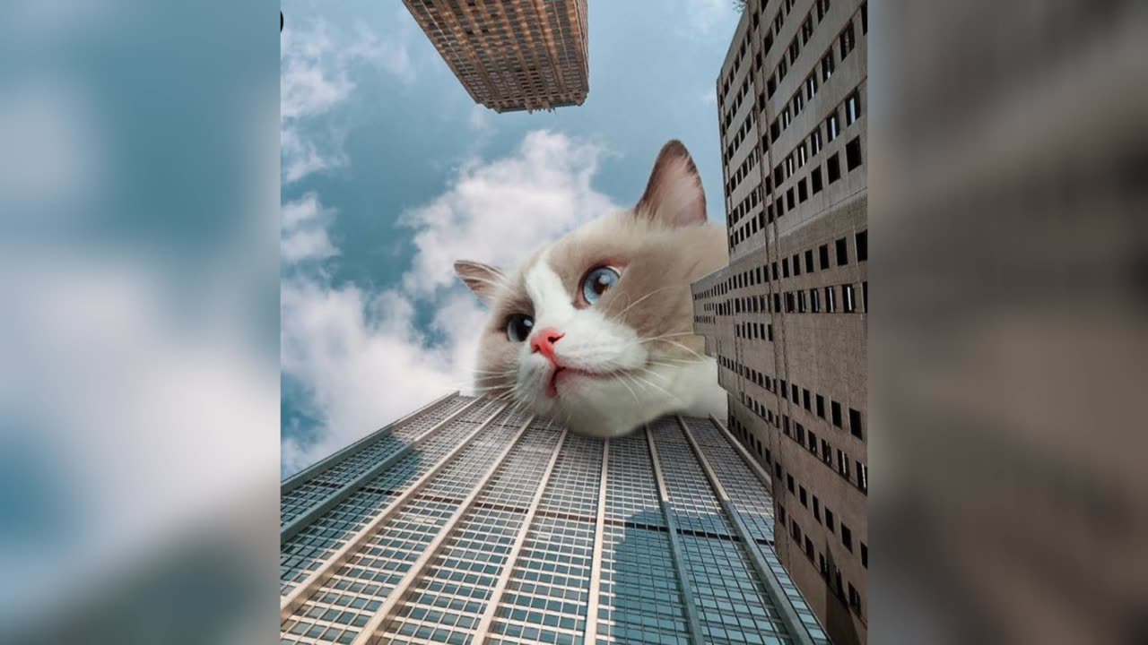 A big cat in the city, watching from the top of the building