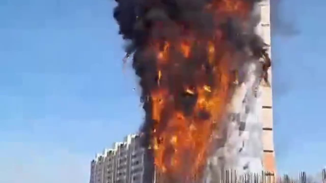 In the Russian city of Tver, an unfinished high rise is burning