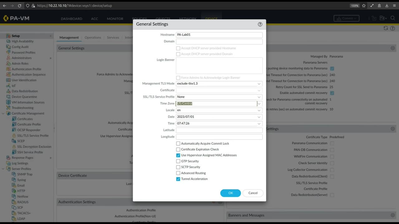 PanOS 11 Management 03-Setting a hostname, timezone, DNS and NTP via the Web GUI