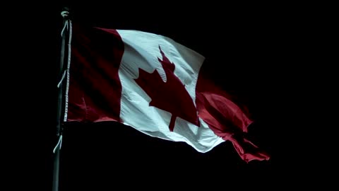 Canadian Flag Blowing Night time - Wide shot - 66sec 1080p 30fps - Broll - Stock