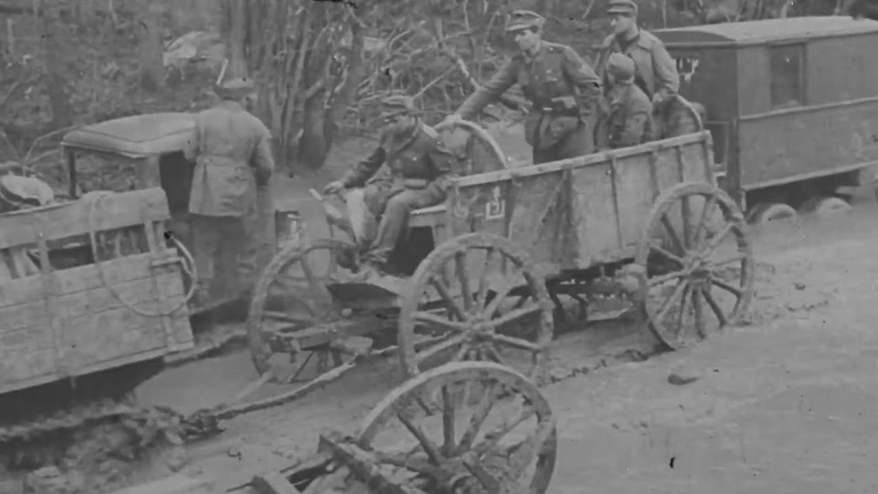 German and captured Soviet vehicles plowing through the mud on the Eastern Front in 1943