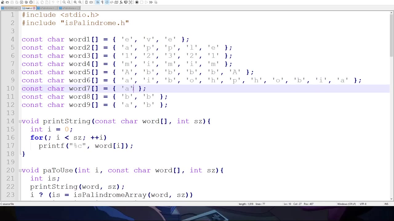 C programing｜Exercise 8 - isPalindrome