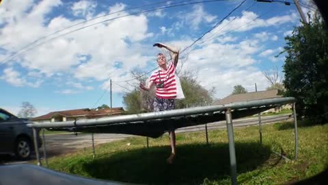 Backflip foot breaks trampoline