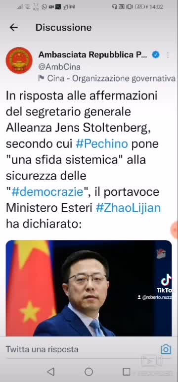 13 aprile 2022 - La Cina invia un messaggio al capo della NATO