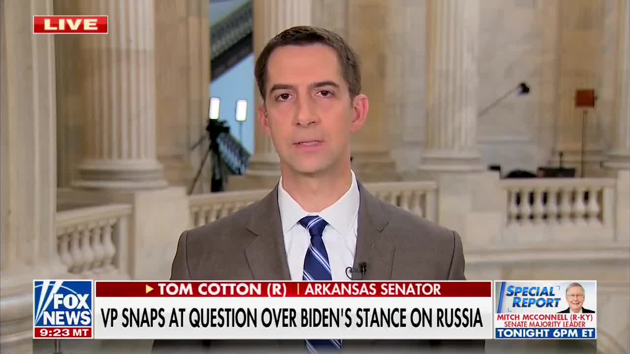 Tom Cotton shreds Biden for "weak and impotent" posture on Russia