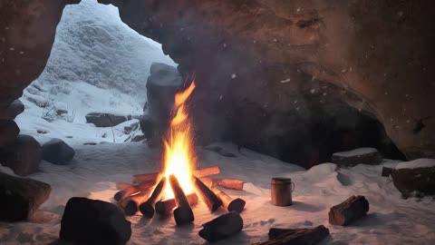 Frezzing Blizzard Sounds- Warm Cave Ambience- Sleeping Crackling Fire Sounds