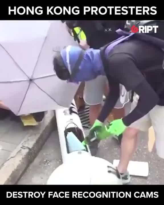 Protesters in Hong Kong destory face recognition cameras #gript