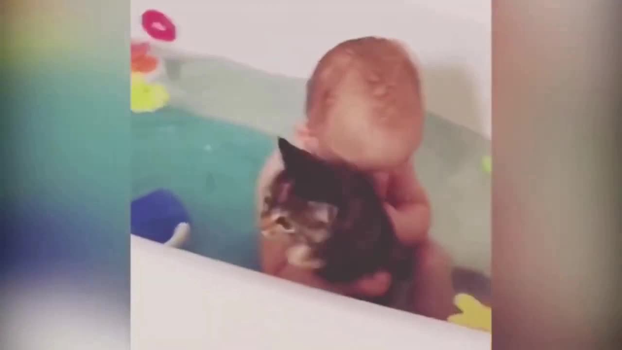 Baby drags cat into his bath and does not let go