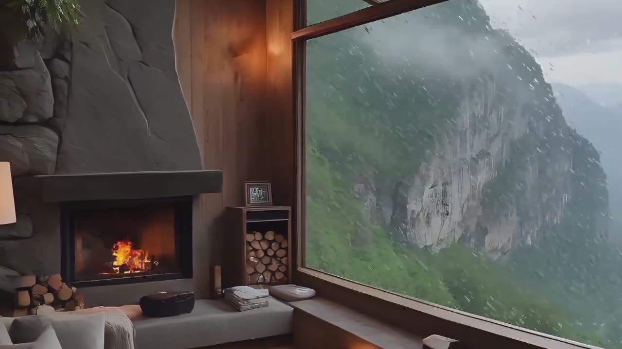 Rhythmic beat of the rain. Relax in a cozy room on a rainy day.