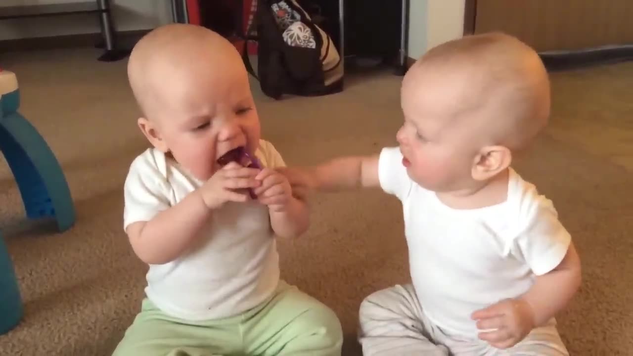 Twin baby girls fight over pacifier