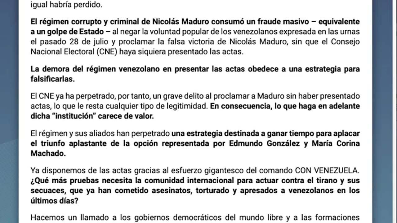 Hermann Tertsch, anuncia el reconocimiento del Dr Edmundo González Urrutia como el presidente electo