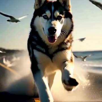 Husky is running at the coast short ai video