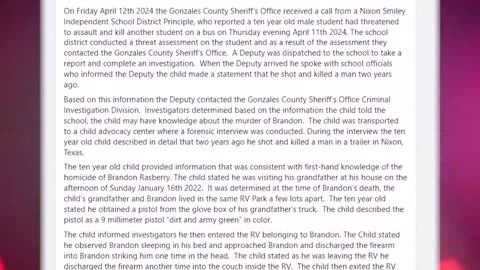 10 YEAR OLD BOY CAN'T BE CHARGED FOR HOMICIDE HE SAYS HE COMMITED 2 YEARS AGO