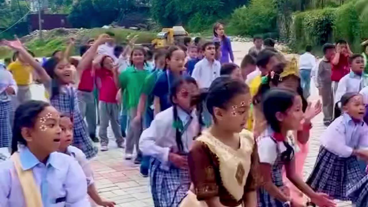 Harinam Sankirtan party with energetic school kids in Nepal August 2024