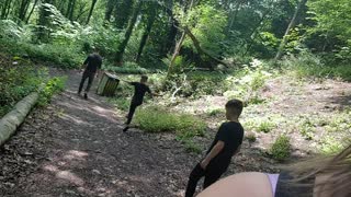 Son stood in ?dog poo in the woods