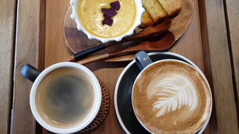 Delicious Americano, Cafe Latte and Pumpkin Soup