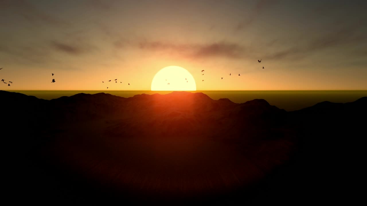 3D sunset at sea with birds flying around