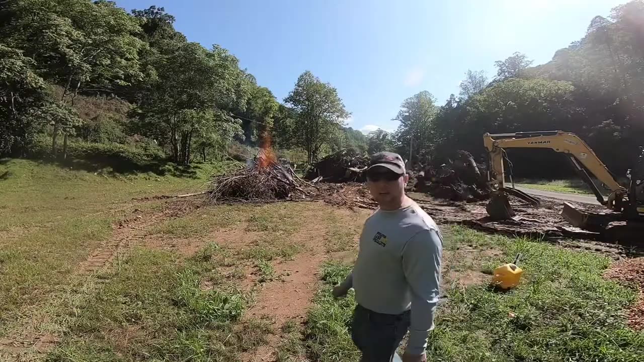 Using Exacavator to Burn Huge Brush and Stump Pile