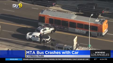 1 hospitalized after MTA bus crashes with car in Cypress Park