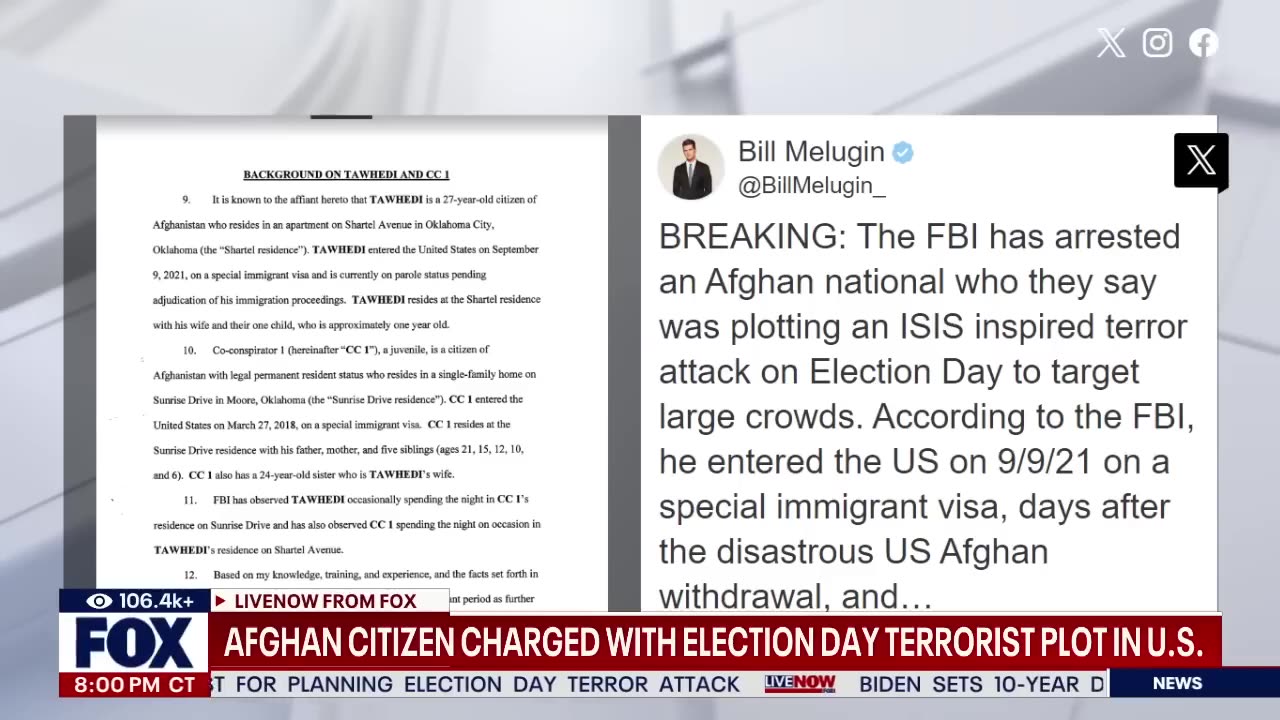 BREAKING: Afghan citizen charged with election day terror plot in US.