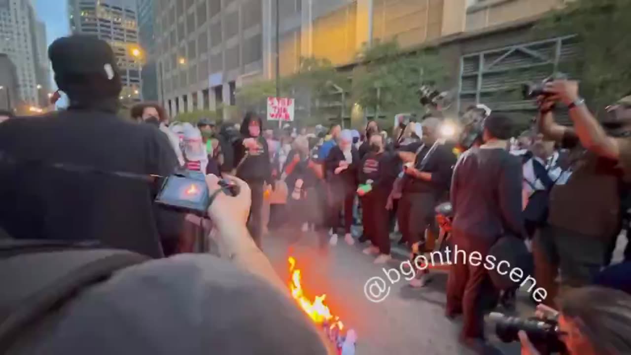 Palestinian supporters set American flag on fire in Chicago