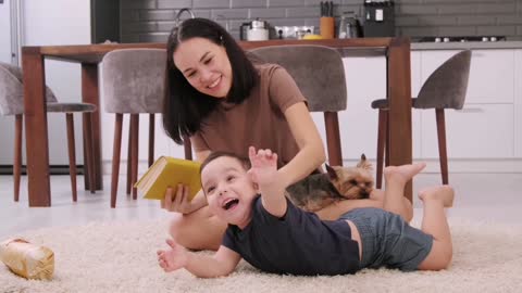 Mother and baby play and eating