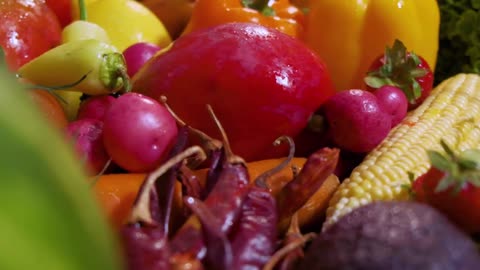 Fruits and vegetables of many kinds, close up