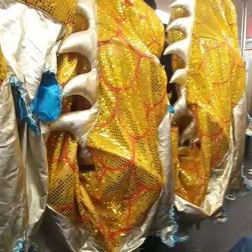 People carrying gold dragon costume in train