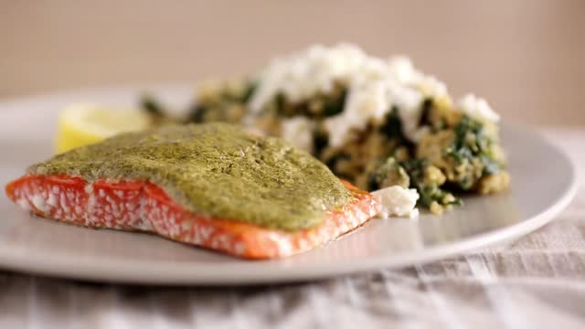 Herb Pesto Salmon with Quinoa Kale Salad