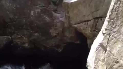 Guy slips on rock falls in lake