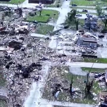 Drone footage from Greenfield, Iowa shows the damage after a Tornado leveled the community.