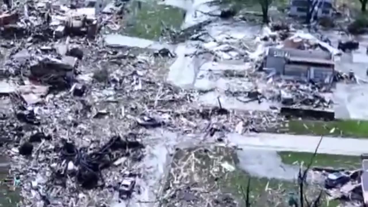 Drone footage from Greenfield, Iowa shows the damage after a Tornado leveled the community.