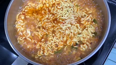 Korean ramen is boiling hot.