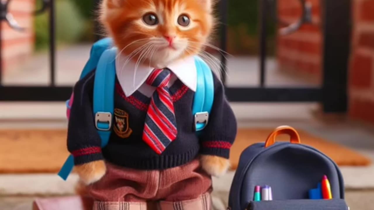 Cute kitten going to School